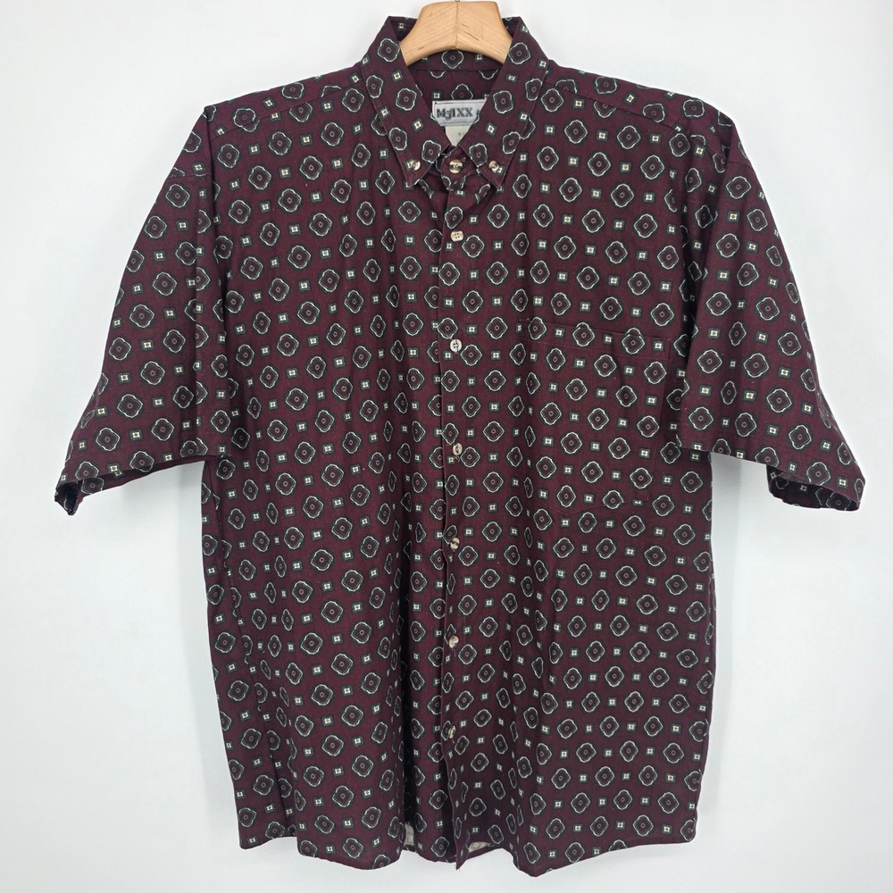 Vintage MAXX fm Mens Large Burgundy Geometric Medallion Cotton Button Down Shirt